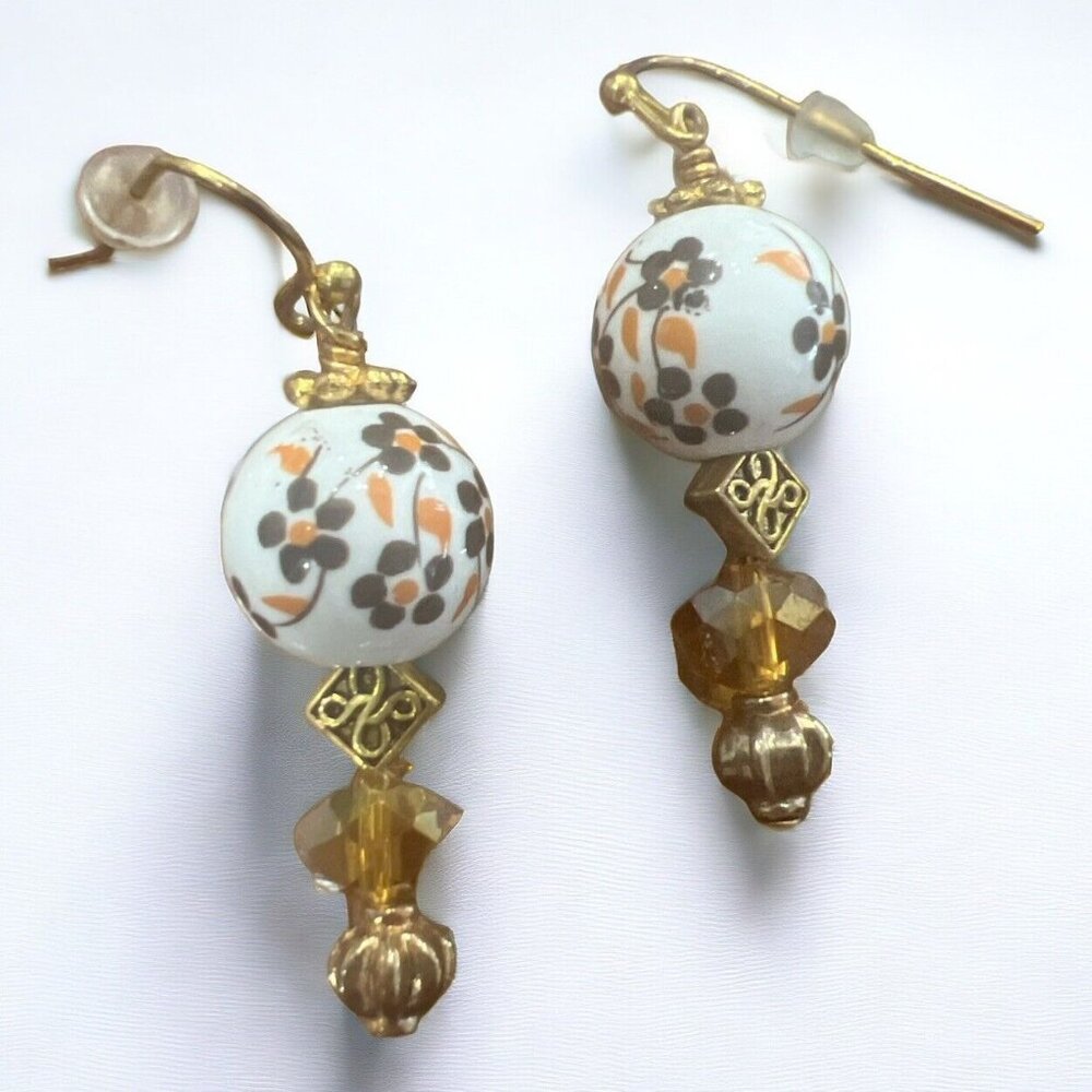 Brown Flower Porcelain Beaded Earrings with Topaz Glass Bead Flower Bead Earring